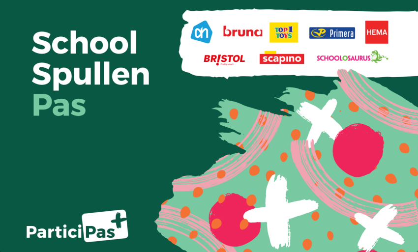 Schoolspullenpas met daarop de logo's van de deelnemende winkels. Dit zijn Albert Heijn, Bruna, Top1Toys, Primera, Hema, Bristol, Scapino, Schoolosaurus. 